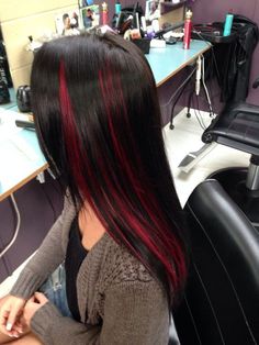 Red Peekaboo Highlights, Red Hair Streaks, Black Hair With Red Highlights, Black And Red Hair, Black Red Hair, Red Hair Inspo, Hair Color Streaks, Black Hair With Highlights