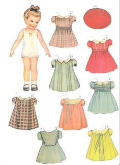 an image of children's dresses and bonnets in different colors on a white background