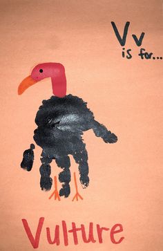 a child's handprint with a bird on it and the words vulture written in red