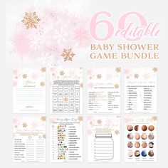 the baby shower game bundle with pink snowflakes and gold glitters on it