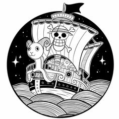 a black and white drawing of a pirate ship with a cat on it's back