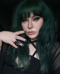 Lunar Tides On Dark Hair, Midnight Jade Hair Color, Dark Unnatural Hair Color, Deep Emerald Green Hair, Very Dark Green Hair, Black And Forest Green Hair, Blonde And Dark Green Hair, Evergreen Hair Color, Green Hair With Black Highlights