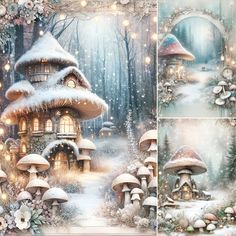 this is a snow scene with mushrooms and houses in the woods, surrounded by lights