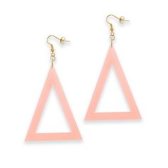 Triangle Dangle Hook Earrings in Pink Frost. Add a simple statement to your outfit with these geometric gems. Laser cut from 3mm acrylic. Measures approx 7 x 5 cm and are made from 18k gold plated stainless steel hooks which are suitable for most sensitive ears. Sensitive Ears, Hook Earrings, Jewelry Earrings Dangle, Laser Cut, Dangle Drop Earrings, 18k Gold, Dangle Earrings, Jewelry Earrings, Plating