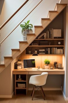 a home office under the stairs with a desk and chair