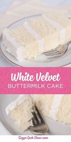 a white velvet cake on a plate with a fork in it and the words buttermilk cake below