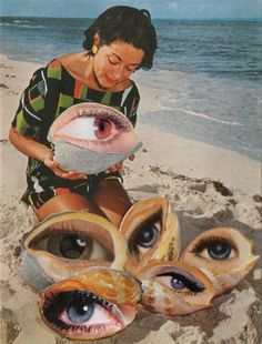 a woman sitting on the beach with her eyes open and an eyeball in front of her