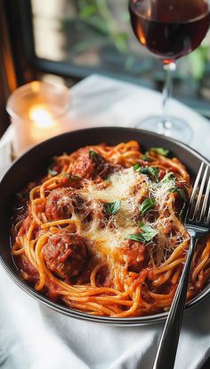 a plate of spaghetti with meatballs and parmesan cheese on it next to a glass of red wine