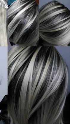 Black Hair With Platinum Highlights Short Hair, Gray Hair With Black Underneath, Black Hair With Platinum Highlights, Black Lowlights, Pixie Highlights, Brown Hair With Silver Highlights, Chic Hairstyle, Hair Color Caramel