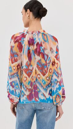 Figue Luz Top | Shopbop Summer Multicolor Blouse With Smocked Cuffs, Multicolor Print Long Sleeve Silk Blouse, Multicolor Print Silk Long Sleeve Blouse, Silk Long Sleeve Multicolor Print Blouse, Silk Long Sleeve Blouse In Multicolor Print, Multicolor Long Sleeve Silk Blouse, Multicolor Printed Silk Blouse, Long Sleeve Silk Blouse With Vibrant Print, Bohemian Blouse With Blouson Sleeves In Multicolor