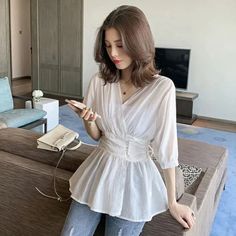 Casual V-Neck Solid Chiffon Blouse Shirt – Nada Outfit Land Chiffon Shirt Blouse, Chic Shirts, Blouse Casual, Blouse Material, Chiffon Blouse, V Neck Blouse, Fashion Chic, Slim Waist, Fashion Tops