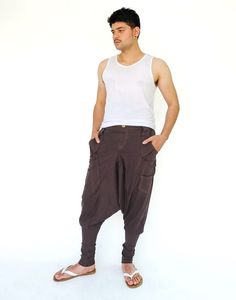 NO.95 Brown Cotton Jersey Casual Harem Pants Unique Pockets Drop-Crotch Trousers, Unisex Pants Brown Harem Pants With Pockets, Brown Harem Bottoms With Pockets, Yoga Pants With Pockets And Tapered Leg, Pants Unique, Unique Pockets, Unisex Pants, Patchwork Shirt, Deep Teal, Shirt Collar