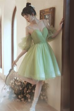 Avocado Green Tulle A-line Short Party Dress Poofy Short Dresses, Aot Shifting, Poofy Dress, Short Green Dress, Light Green Dress, Green Homecoming Dresses, Hoco Dresses Long Sleeve, Sage Green Dress, Puffy Dresses