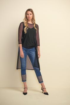 Style: 211967Color: JeanCropped jean with cutout hem and sparkle detail.75% Cotton, 24% Polyester, 1% Spandex Cut Out Jeans, Blusas Top, Love Jeans, Embellished Jeans, Joseph Ribkoff, Women Clothing Boutique, Pop Fashion, Designer Outfits Woman, Blue Fabric