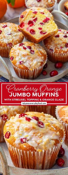 some muffins are sitting on a plate with cranberries