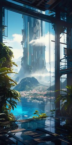 an image of a futuristic city in the sky with mountains and trees around it, as seen through a window