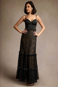 Our Jennifer Ruffle Maxi Dress is the perfect dress for evening events. This style includes a beautiful sweetheart neckline crafted from satin paired with an A-line lace ruffle skirt. Wear this beauty to your next formal night out or a wedding reception. Black Lace Ruffle Dress, Black Bridesmaid Dress Mismatched, A Line Dress Formal, Lace Ruffle Skirt, Black Bustier Dress, Black Formal Dresses, Long Black Dress Formal, Jennifer Black, Black Wedding Guest Dresses