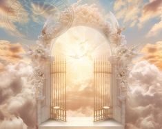 an open door to heaven with clouds and sun in the background, as if it were created from photoshopped images