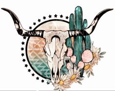 a cow skull with long horns and flowers in front of a cactus, stars and geometric background