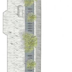 an architectural drawing of a building with trees on the side