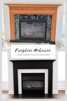 fireplace makeover before and after with black mantle, white mantel and wood trim