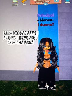 an animated woman standing in front of a sign