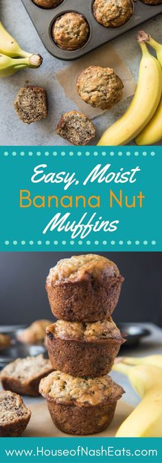 banana nut muffins stacked on top of each other