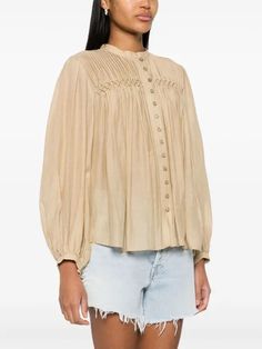 MARANT ÉTOILE Dorothe Pleated Shirt - Neutrals | Editorialist Beige Long Sleeve Top With Gathered Sleeves, Designer Cream Tops For Spring, Designer Long Sleeve Beige Tops, Beige Fall Blouse With Button Cuffs, Beige Blouse With Button Cuffs For Fall, Designer Beige Long Sleeve Tops, Fall Beige Blouse With Button Cuffs, Pintucks Long Sleeve Tops In Relaxed Fit, Relaxed Fit Long Sleeve Tops With Pintucks