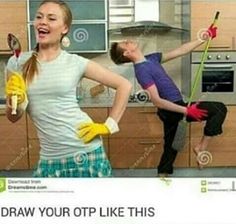 two people in the kitchen doing different things with brooms and gloves on their heads