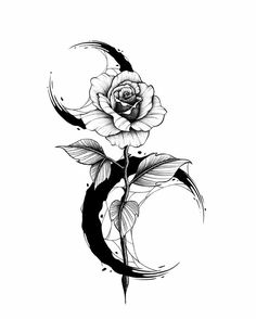 a black and white drawing of a rose on the side of a yin - yang symbol