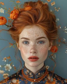 a woman with freckled hair and blue eyes wearing an orange flower in her hair