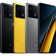 three different models of the oneplus phone are shown in yellow and grey colors