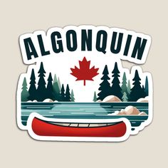 a sticker that says algonquinn with a canoe in front of trees