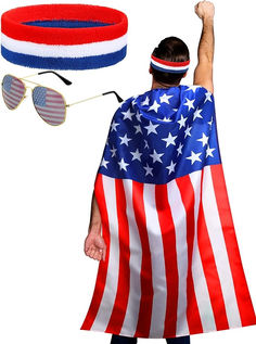 a man wearing an american flag cape and sunglasses with his arm raised in the air