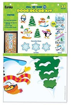 an assortment of christmas decorations and stickers for the door decoration kit, including snowflakes