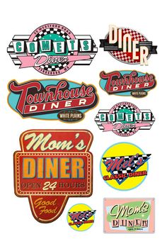 various signs and stickers for diners on a white background, all in different colors