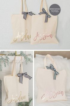 three different images of personalized tote bags with bows on the front and back