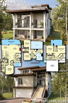 two story house plans with three levels and an open floor plan for the second level