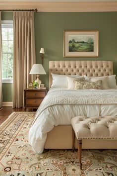 a bedroom with green walls and white bedding