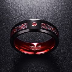 Red Ring, Red Tungsten Ring, Red Wedding Band, Black Tungsten Ring with Red Carbon Fiber and AAAAA Red CZ Stone Inlay Ring Streetwear Jewelry, Unique Gifts For Couples, Red Ring, Celtic Dragon, Dragon Ring, Celtic Rings, Black Tungsten, Tungsten Carbide Rings, Wolfram