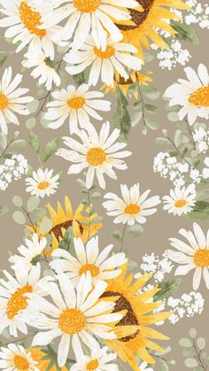 a flower pattern with yellow and white daisies on a gray background that is very similar to the sunflowers