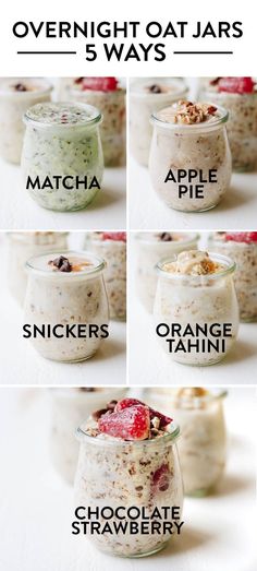 different types of oatmeal in small glass bowls with the words overnight oat jars 5 ways