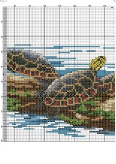 a cross stitch pattern with a sea turtle on it's back in the water