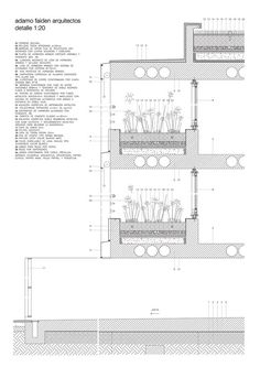 an architectural drawing shows the details of a building's exterior and its surrounding walls