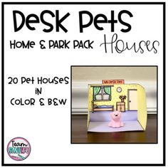 a poster with the words desk pets houses and a pink pig in front of it