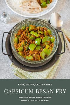 an image of capsicum bean fry in a bowl with rice and spoons on the side