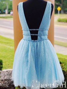 Sky Blue Beaded Graduation Dress Backless Homecoming Dresses ARD2371-SheerGirl Halter Homecoming Dresses, Yellow Homecoming Dresses, Homecoming Dresses 2023, Backless Homecoming Dresses, Homecoming Dresses Sparkly, Short Graduation Dresses, Homecoming Dress Short, Sequin Homecoming Dress, Mini Prom Dresses