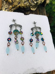 Excited to share this item from my #etsy shop: Chandelier wedding pierced post dangle earrings. Rare Aqua Swarovski crystal & Czech Aurora borialis Shop Chandelier, Chandelier Wedding, Wedding Chandelier, Swarovski Crystal Beads, Copper Rings