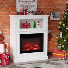 a christmas tree and presents in front of a brick wall with a fire place on it