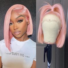 PRICES MAY VARY. 【13x4 HD Transparent Lace Front Wig Lace Size】:13x4 HD Transparent Lace Front Wig Human Hair. 13x4 lace area supports center and side sections. More natural when you put it on, no smell, no shedding, no tangles. Soft, elastic, breathable and durable lace material makes it more comfortable. 【180% Density Wig Pre-Pull Cap Size】: 180% Density, Ear-to-Ear HD Clear Lace Front Wig, Bleached Knot and Pre-Pull Natural Hairline, Gives you a more natural hairline than closed wigs, 4 inche Light Pink Bob Wig, Pink Wigs Hairstyle, Short Hair Wig Styles, Cute Hairstyles Wigs, Soft Pink Wig, Lace Front Colors, Frontal Bob Wig Hairstyles, Pink And Blonde Wig, Blonde Wig Styles